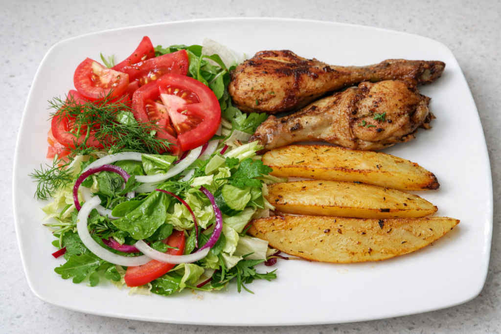 Simple homemade light dinner with grilled chicken and fresh salad