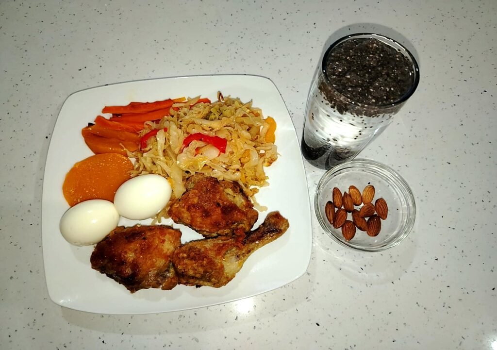 high protein meal for weight loss after 40 with chicken eggs vegetables almonds and chia seed water