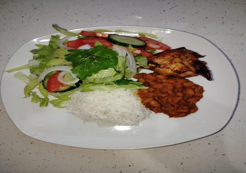 My simple Friday dinner during my weight loss after 40 journey with chicken rice beans and fresh salad
